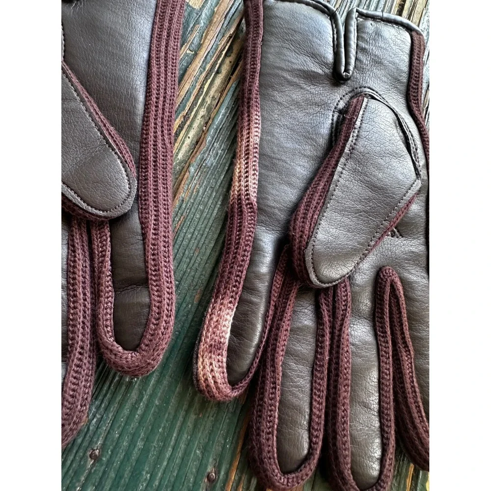 Vintage Brown Vinyl and Burgundy Knit Lined Gloves Ladies Size B RN 50425